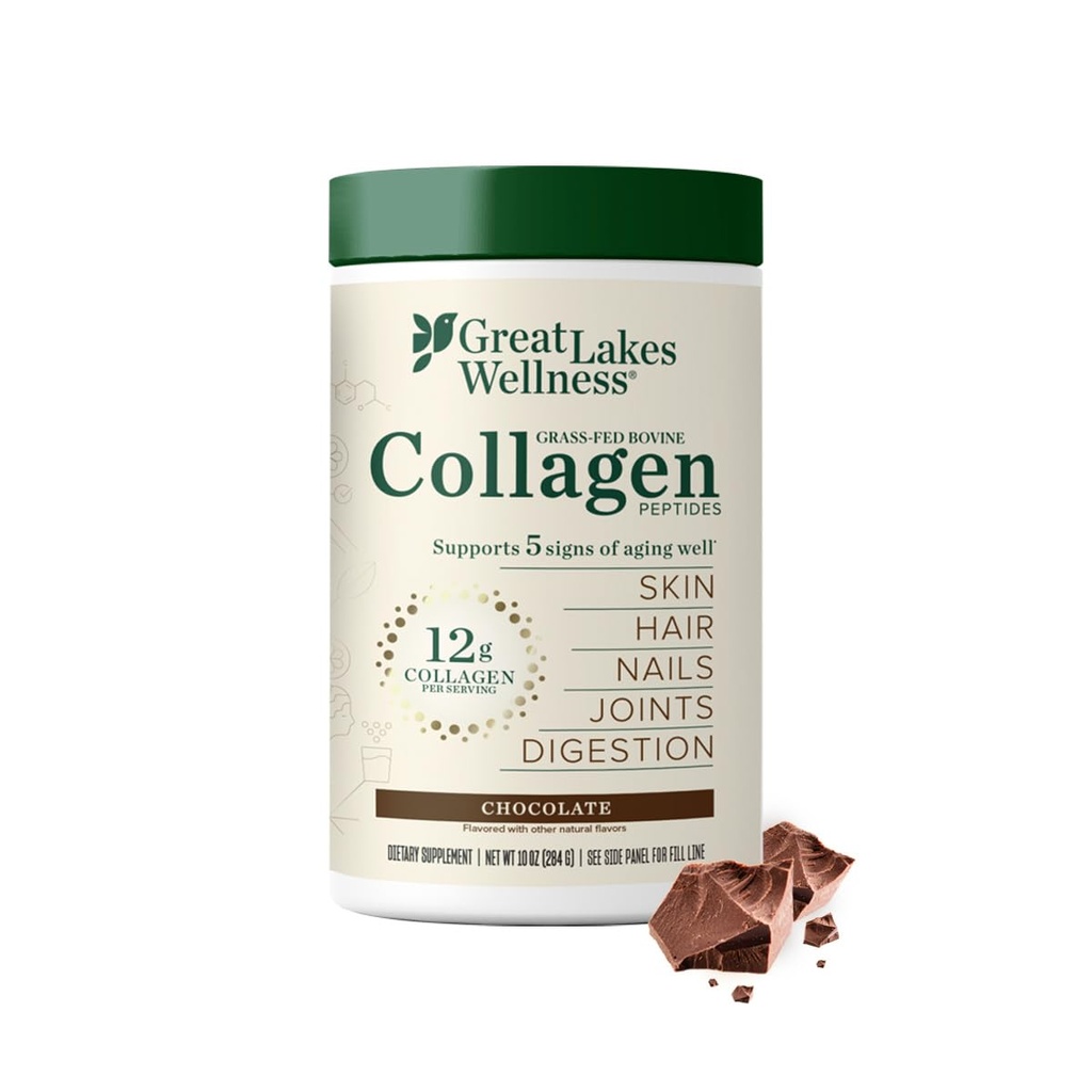 Great Lakes Wellness Collagen Peptides Powder for Skin, Hair, Nails, Joints & Digestion - Chocolate Flavored - Quick Dissolve Hydrolyzed, Non-GMO, Kosher - 10 oz