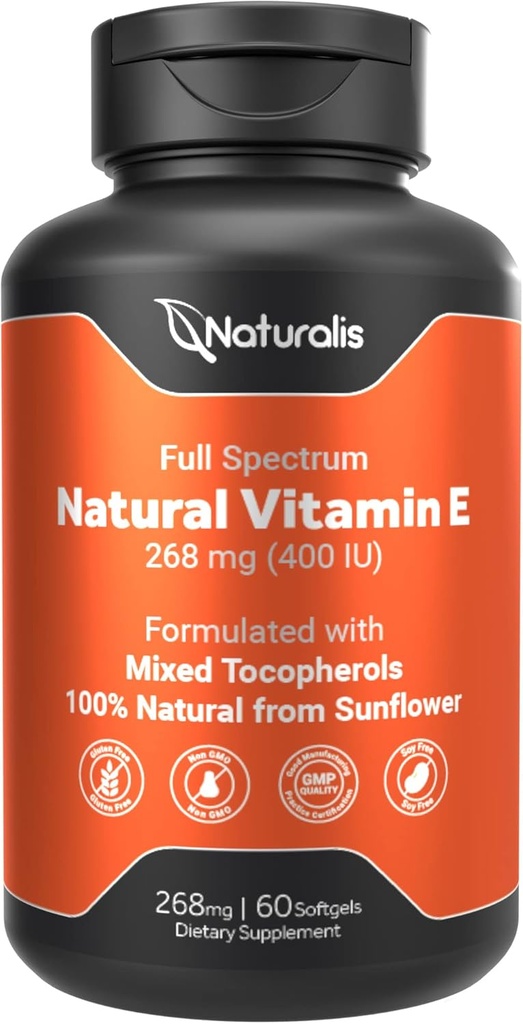 Naturalis Sunflower Vitamin E 268mg(400 IU) 配有混合托可菲醇 基本皮质维生素和免疫支持 → Non-GMO, Soy & Gluten Free → 60软胶