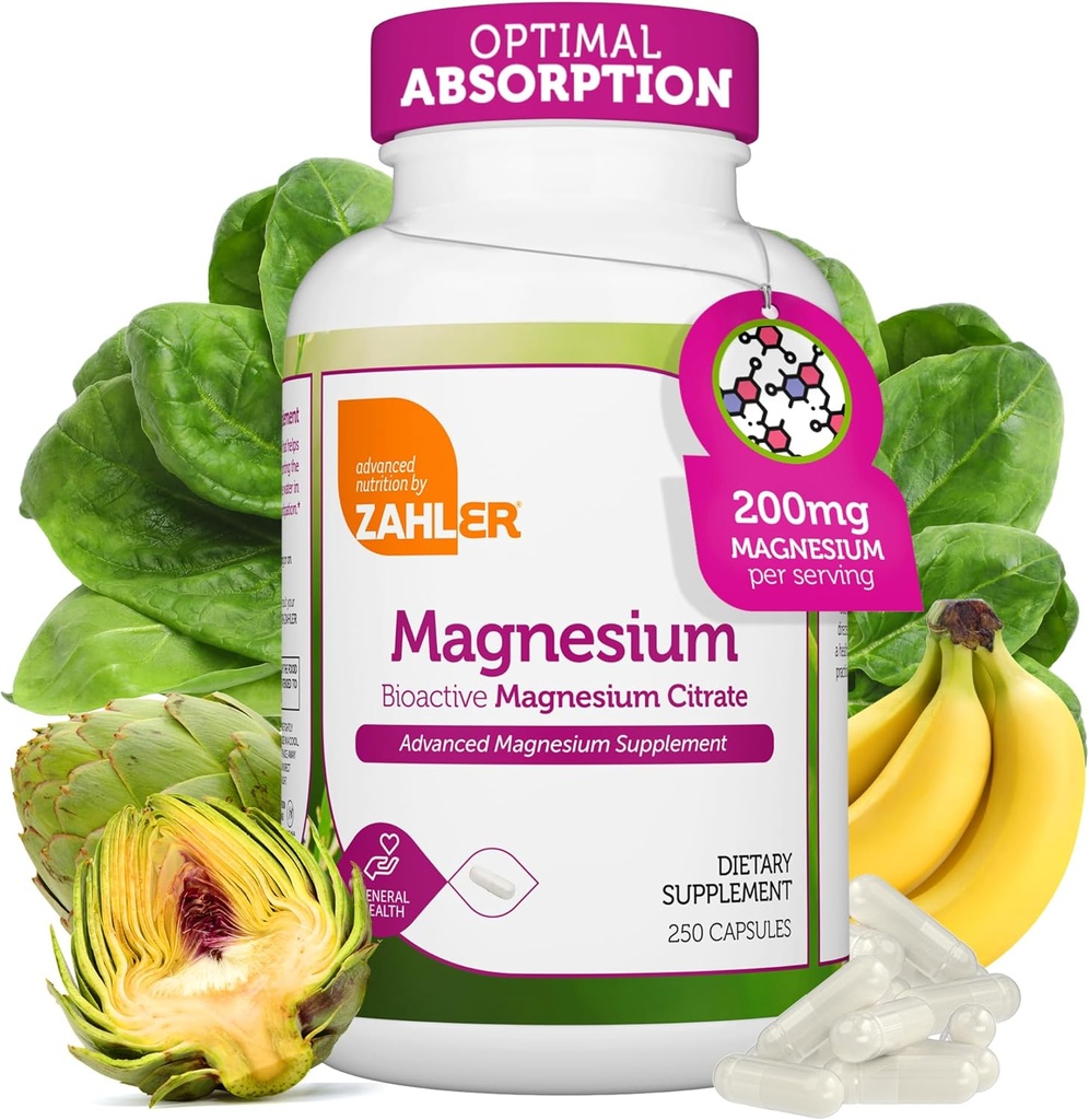 Zahler - 镁增产Capsules 200 mg(250 counter) 认证的Kosher Bioactive Magnesium Citrate for Max Absociation - 天然镁矿物供男女使用 - 最佳镁增产