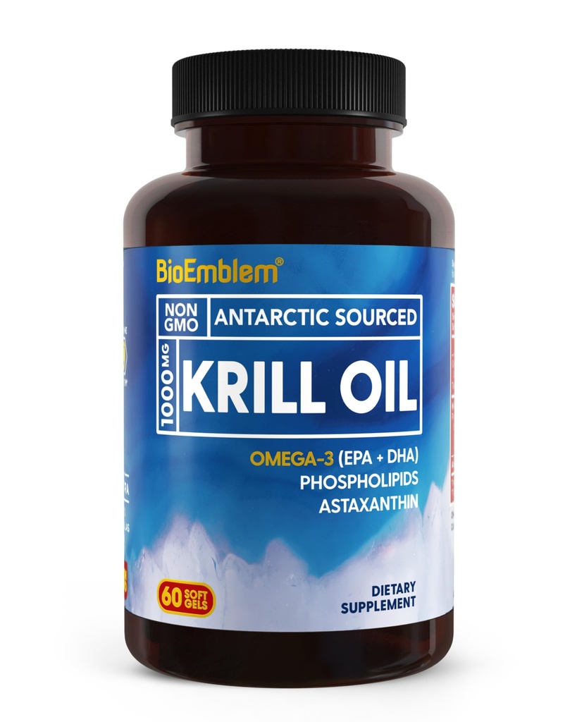 BioEmblem 南极磷虾油补充 + 1000mg + Omega-3 含高水平EPA + DHA, Astaxanthin, 和磷脂s → No Fishy Aftertaste → 60-Count 非GMO软胶
