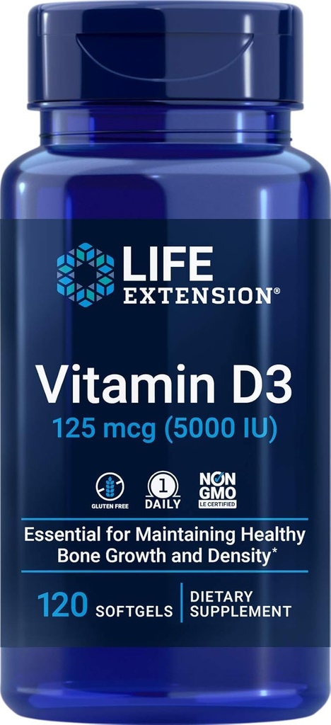 寿命延长 维生素D3,5000 IU,120 Softgel, 125mcg