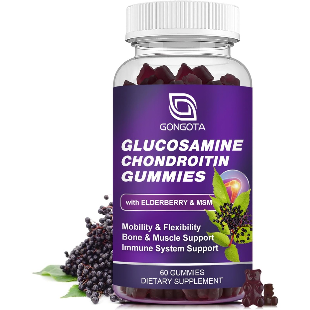 Glucosamine Chondroitin Gummys - 2-Pack, 超强 1500mg Glucosamine 配有MSM & Elderberry, 灵活性支持, 最佳Cartiage & Immune 支持男女- 60 counts (1 Pack)