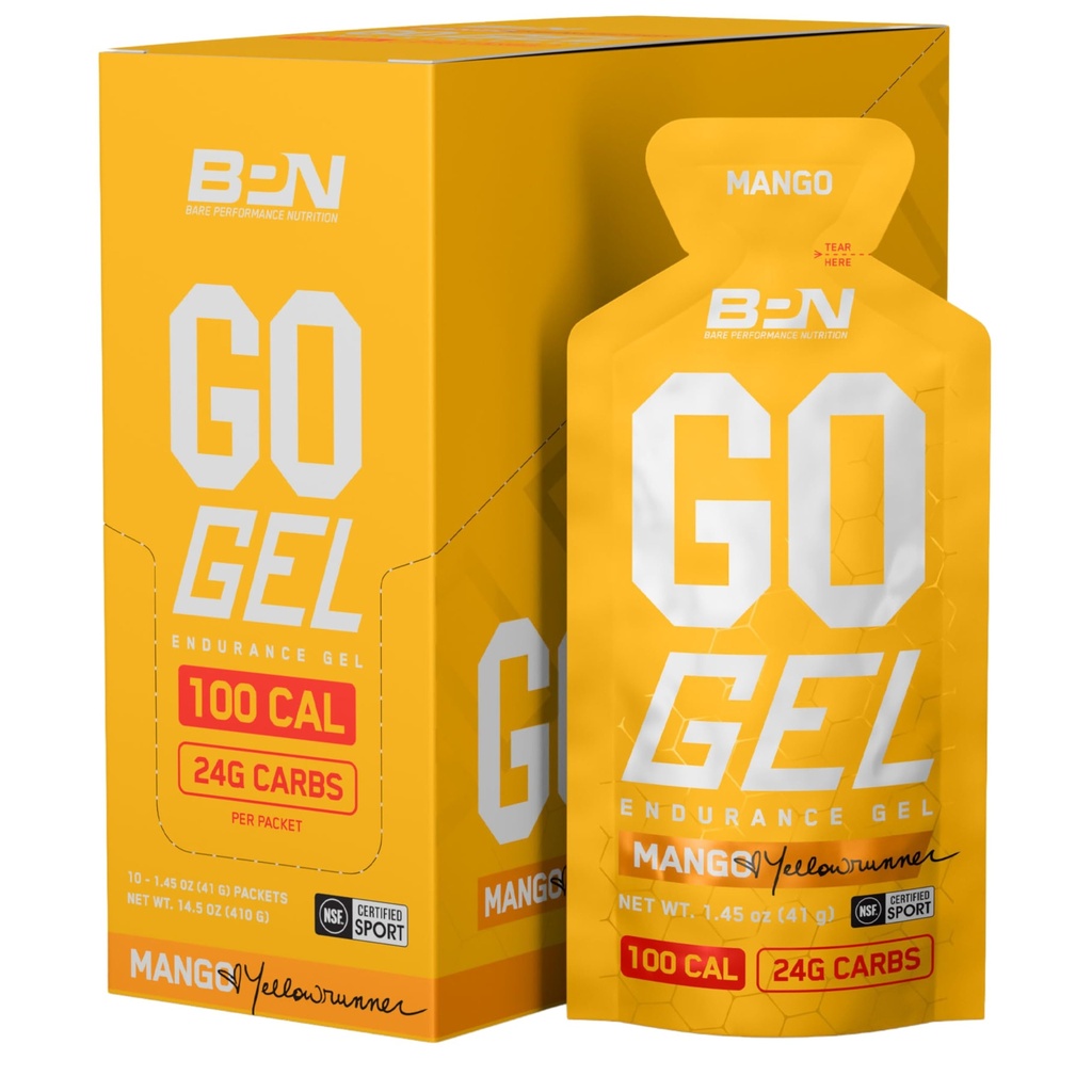 BARE 绩效营养,BPN Go Gel 耐力,每包24克碳水化合物和100卡路里,Vegan + Gluten 自由奔跑Gel,10个单服务包,芒果