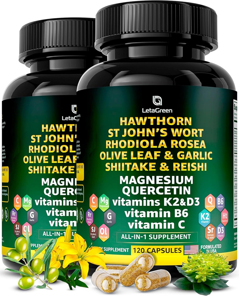 有机霍桑贝里 Capsules - Hawthorn Berry with St Johns Wort Rhodiola Rosea 橄榄叶 Shiitake Reishi 蘑菇 Quercetin & Vitamin C, D3, K2, B6 & Magnesium (240个伯爵)