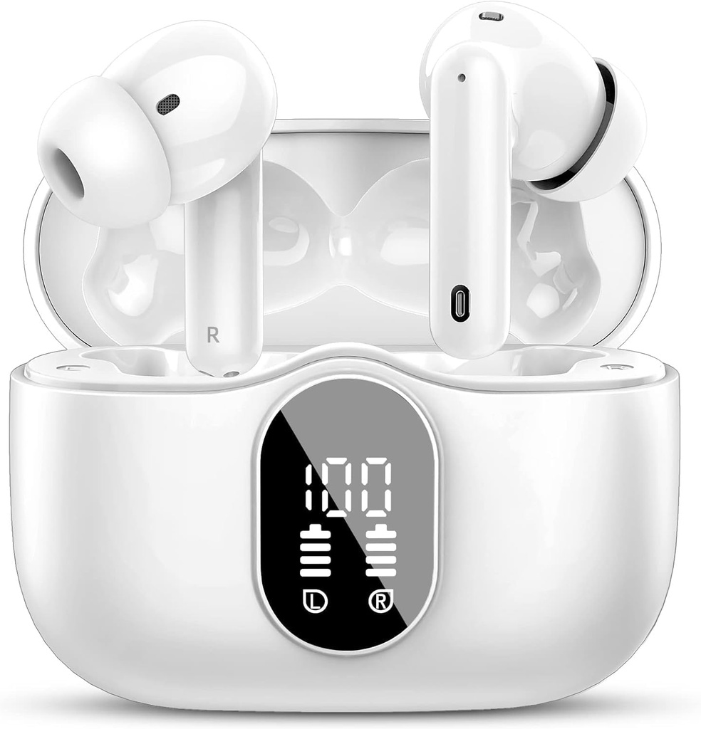 Btootos 无线耳机蓝牙 5.4 耳机 Bass Stereo Ear Buds 有噪声 取消 Mic LED 在耳机 IP7 防水 36H 游戏时间 笔记本电脑Pad Phones Sports White