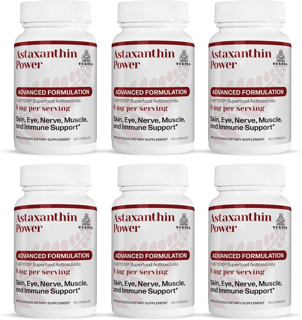 TURNER 新西兰Astaxanthin Power 配有UAF1000+,抗衰老,皮肤,眼,神经,肌肉复苏,免疫支持抗氧化剂补充剂,12mg Astaxanthin,180服务,6瓶