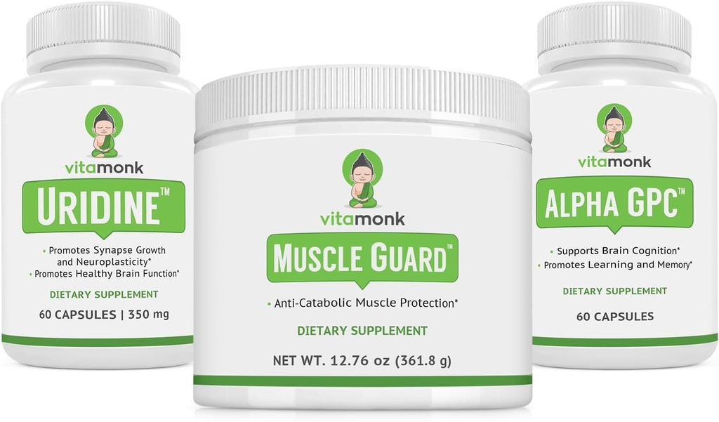 VitaMonk Muscle Guard & Alpha GPC Uridine Stack Bundle, HMB, EAAs, 维生素D, 镁和脑支持聚焦, 明亮, 肌肉生长