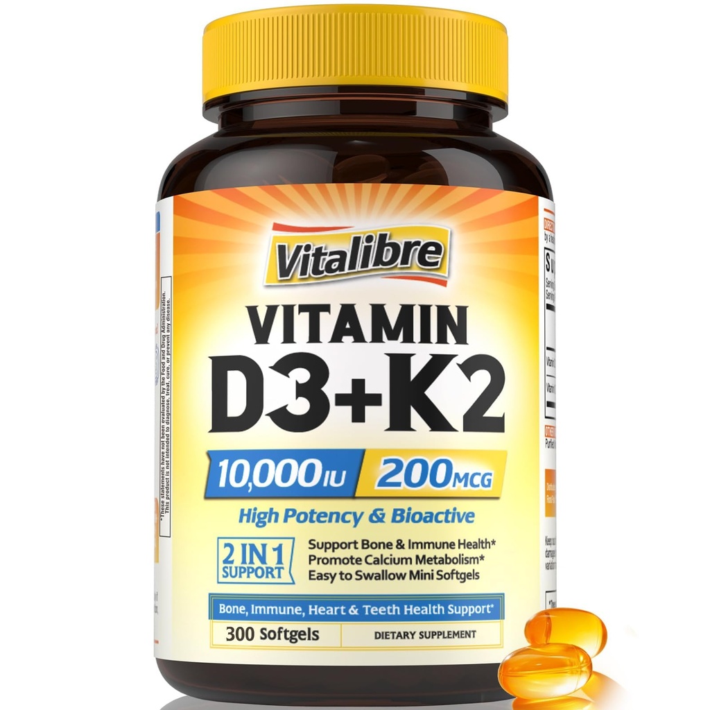 维生素D3 K2 补充,1000 IU D3 / 200 mcg K2 MK7,钙吸收,骨,心,免疫和Mood支持,增强吸收,无大豆,容易吞,300软胶