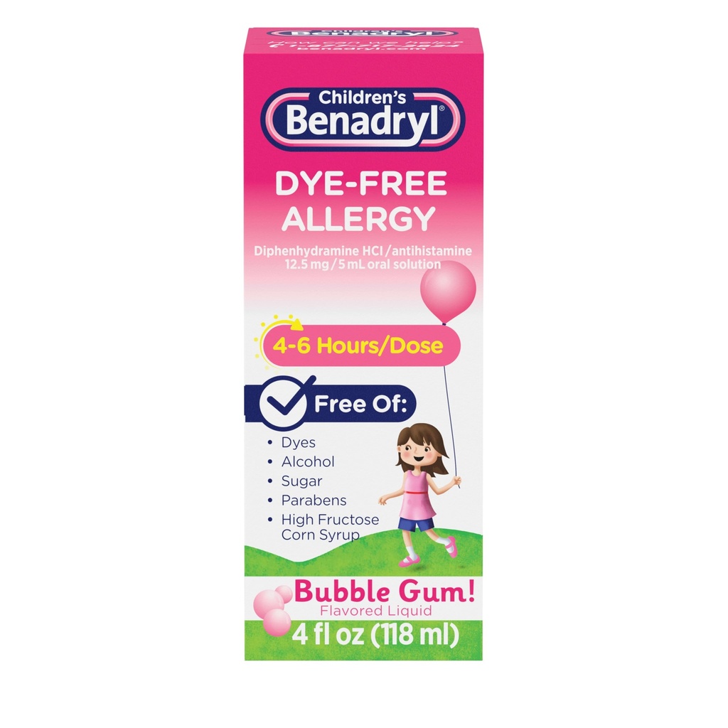 儿童Benadryl Dye-Free过敏救济液+ 12.5 mg 二苯胺HCl,儿童抗异胺过敏药物 帮助Relieve Runny Nose & Sneezing, Bubble Gum Flavor, 4 f.
