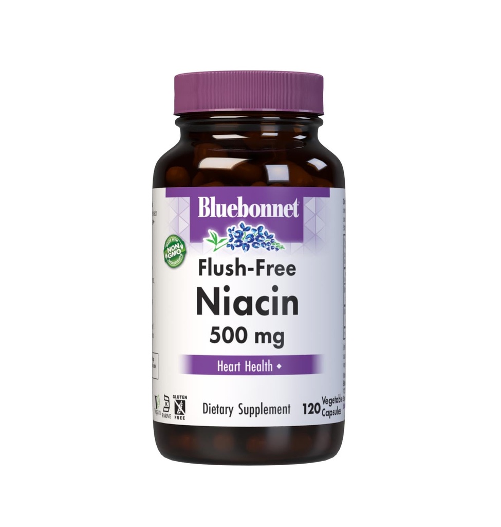 BlueBonnet 营养 Flush-Free Niacin 500mg,用于营养心血管支持蔬菜囊,Soy/Dairy/Gluten Free,非GMO,科舍认证,Vegan,White,120 Counter