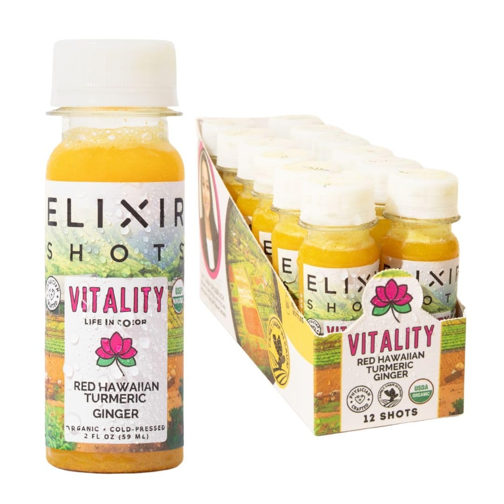 Elixir Shots, Virtuality 豁免井喷 100%有机成份 冷面红夏威夷涡轮 秘鲁姜,菠萝和黑辣椒,无糖或人工添加剂,12包