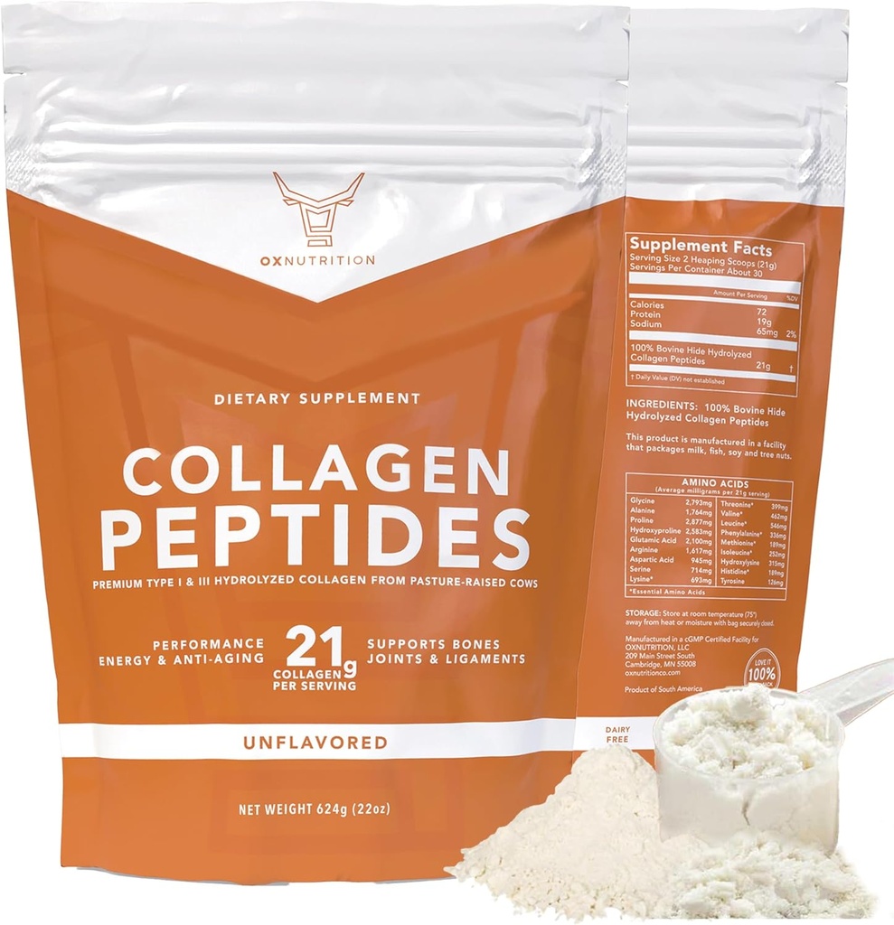 OX Collagen Powder for Men Men (22oz) I & III Flavorless & Odorless Easy-Mix 水解 Peptan蛋白Peptides 联合毛皮和钉子 支持 Gluten-Free 非GMO Keto Paleo Grass-Fed Kosher 软件