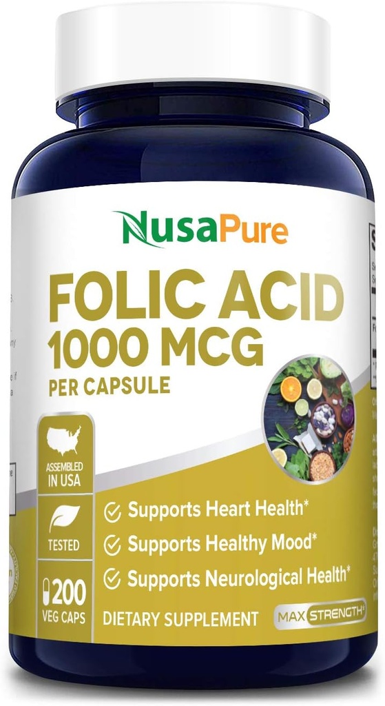NusaPure Folic Acid 1000mcg 200 Veggie Caps(非GMO、蔬菜、无葡萄糖)