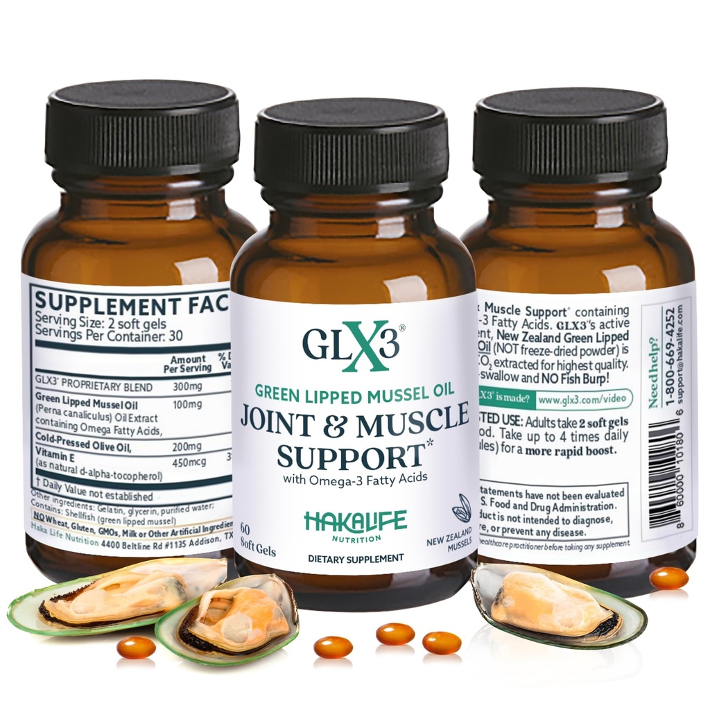 GLX3 Green Lipped Mussel Oil Capules for Joint and Muscle Support – Extra-Strength ETA, EPA, DHA Omega-3 Green Lipped Mussel 由Hakalife GLX3 制作的舒适性,灵活性和回收性补充材料