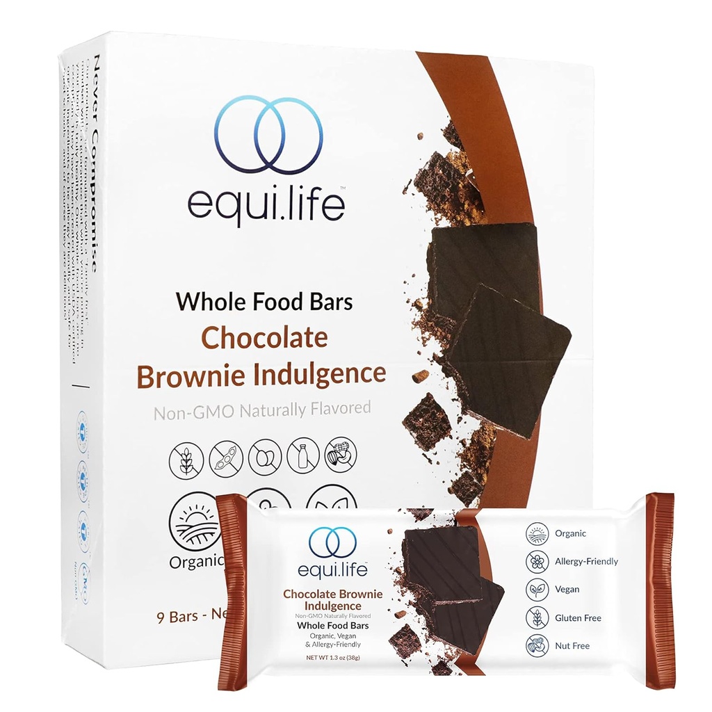 EquiLife - 全食品条,Paleo & Vegan蛋白质条,有机营养条,蛋白质6g,200卡罗里以下,Rich Cocoa Flavor,Travel-Size,Gluten-Free,Soy-Free(Chocolate Brownie,9 Counter)