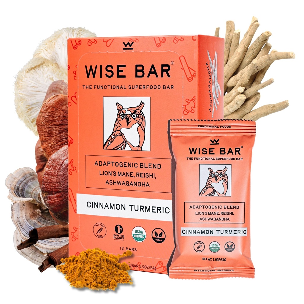 WISE BAR 适应性蘑菇营养棒 与Reishi, Lions Mane & Ashwagandha, 有机 Vegan & Gluten Free Snacks for Natural Focus, 能源与豁免支持, 肉桂图尔克 Flavor, 12 Count