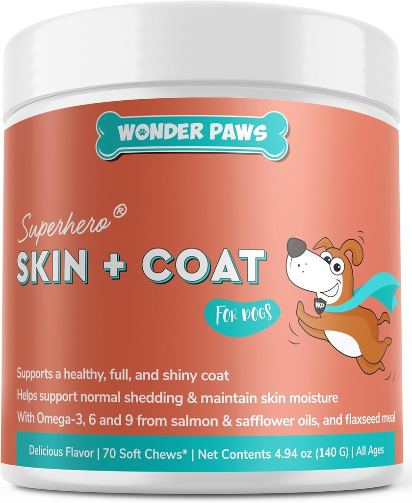 Wonder Paws Skin & Coat Supplor for Dogs with Salmon Oil, Omega 3 & 6, EPA & DHA, 推广健康皮肤和Coat, ITCHY Relief, 联合和整体健康, 美味的Flavor, 70 皮肤和外套软肉