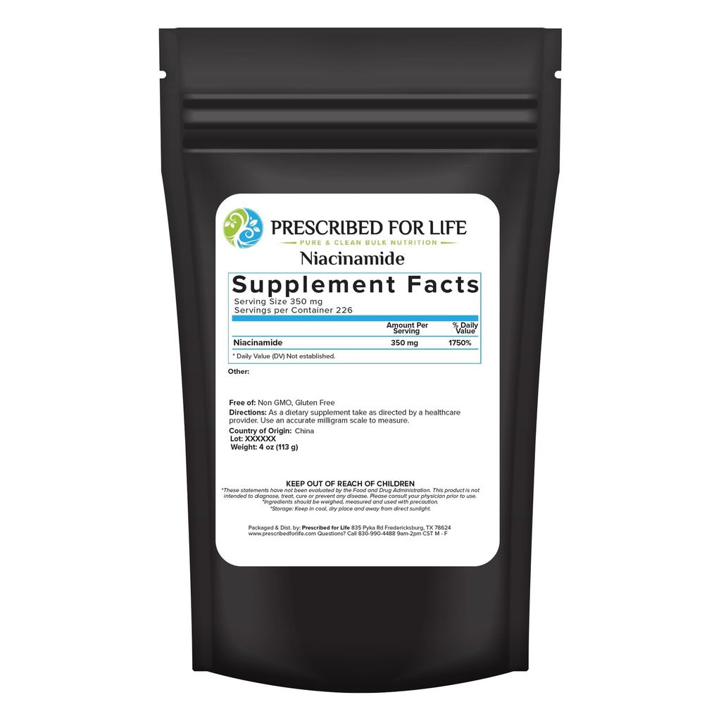 配菜: 终身配菜:Niacinamide 粉末(B-C),精细颗粒 USP 一级维生素B3 粉末,天然尼古丁配菜,Gluten Free, Non GMO, Vegan, Niacinamida Pura (4oz / 113g)