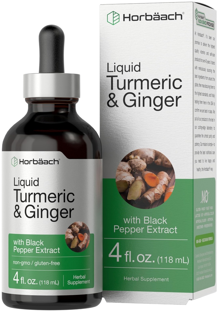 Horbaach Turmeric and Ginger Suppers Drops | 4 fl oz | 与 黑胡椒 提取 | 草药液丁 | Vegan, Non-GMO & Gluten Free | |