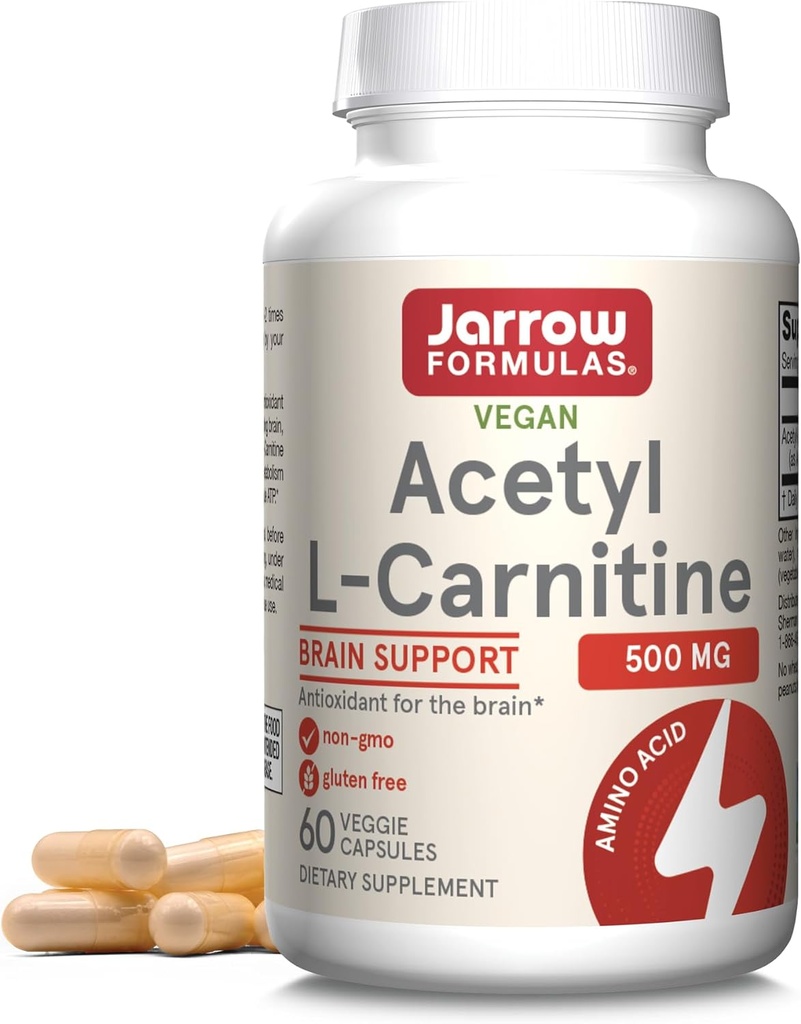 Jarrow 配方 乙酰L-Carnitine Capsules - 500 mg - 60 计数 - 用于脑健康与脂肪酸代谢 - 蔬菜 Capsules - 非GMO - Gluten Free