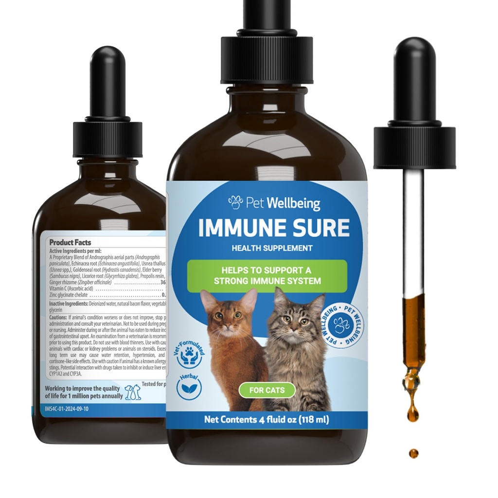 Petwelling Immune Sure for Cats - 支持正常的免疫防御,Gut Florable 平衡,Andrographis, Echinacea,维生素C,锌 - 兽医-配药草药补充剂 4 oz (118 ml)