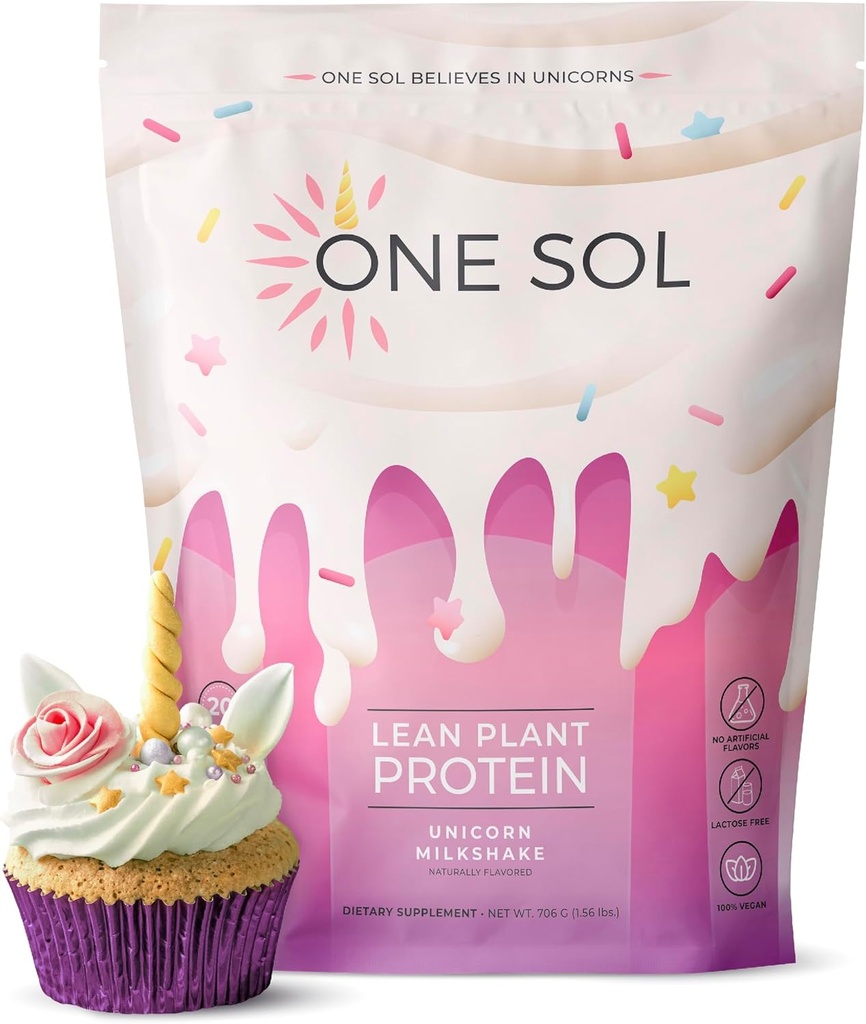 一种Sol Lean植物蛋白粉、Pea & Brown Rice蛋白、低碳、Vegan友好型-Gluten、Lactose、 & Soy自由型-无添加糖、非GMO、清洁营养、无聚糖(Unicorn Milksake)