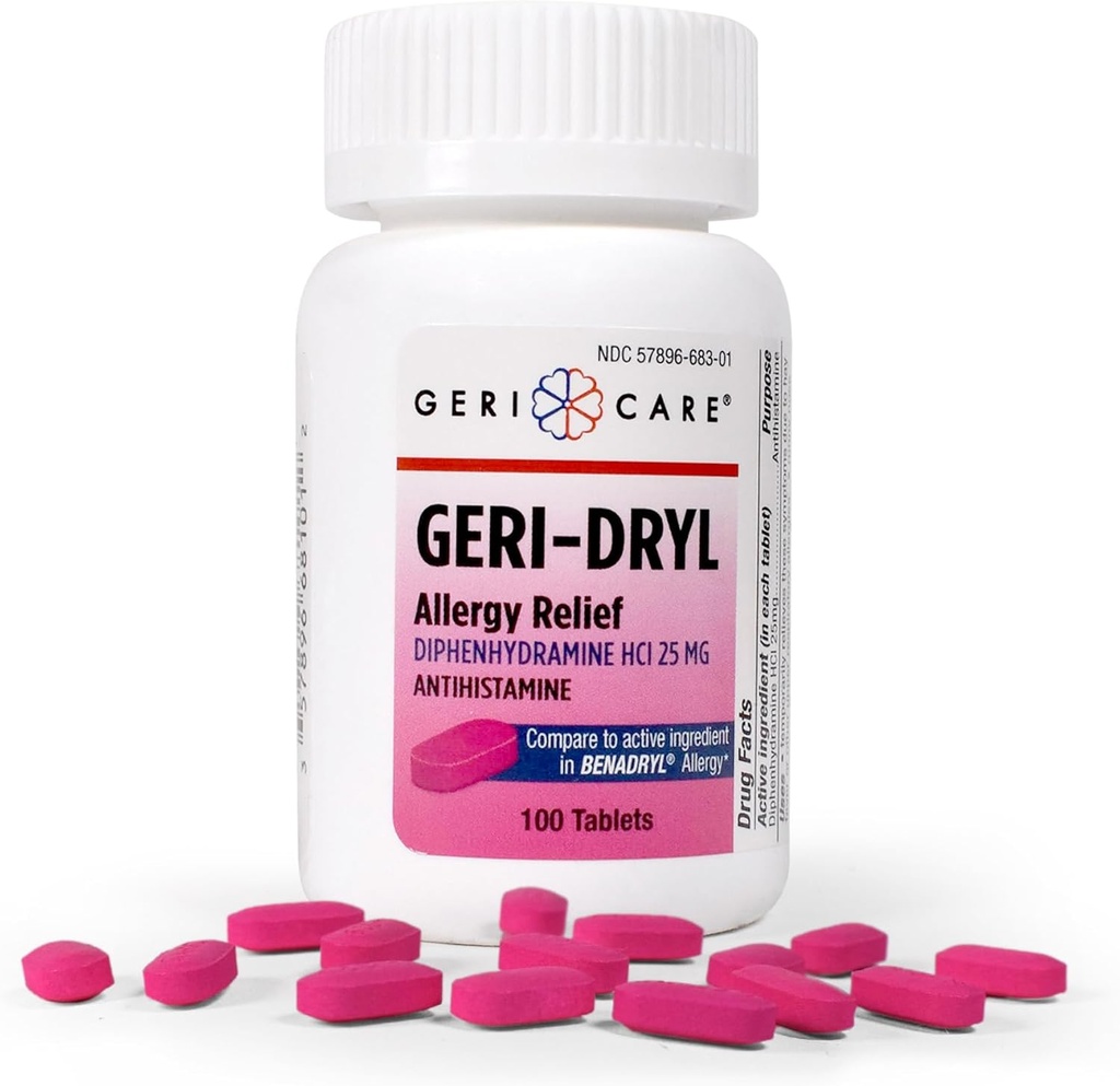 Geri-Dryl过敏药片(100个计数) 由GeriCare| Diphenhydolamine HCI 25mg Antihistamine药片用于喷嚏, Runny Nose, Itchy Throats & Eyes| 成人与儿童抗过敏药片