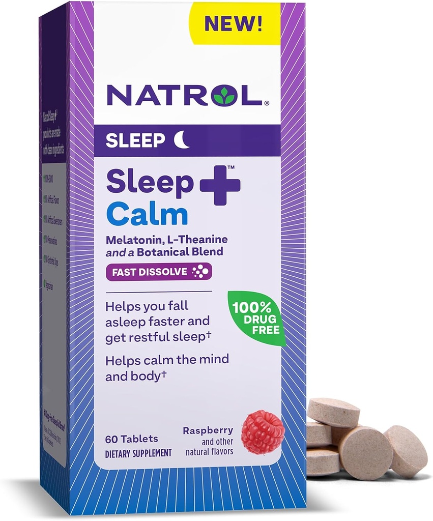 Natrol Sleep + Calm Melatonin 6mg 配有 L-Teanine 50mg 和 一种植物混合剂, 用于安眠的饮食补充 和 一种平静的心智和身体, 60 兰斯贝里 - 美味的快速溶解片, 60 天供应
