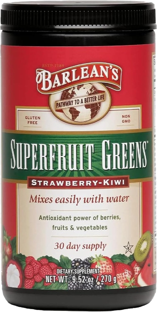 Barlean的超果绿色 配有Berries的抗氧化剂 水果和蔬菜 – 草莓 Kiwi Flavor - Vegan, Non-GMO, Gluten-free - 9.52 oz