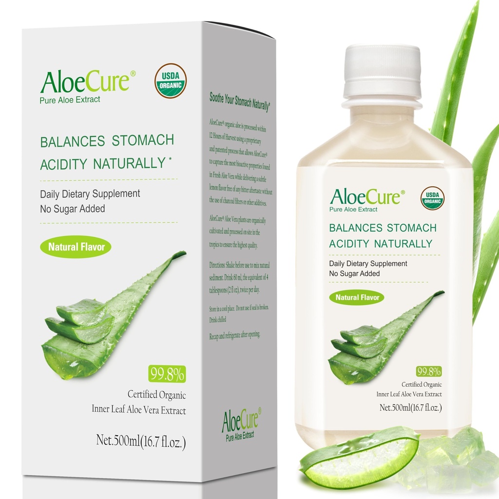 AloeCure USDA 有机Aloe Vera Juice 在12 Hrs的收获范围内制成 - 纯Aloe Juice 天然消化剂 支持消化、免疫系统和平衡胃酸,500毫升瓶