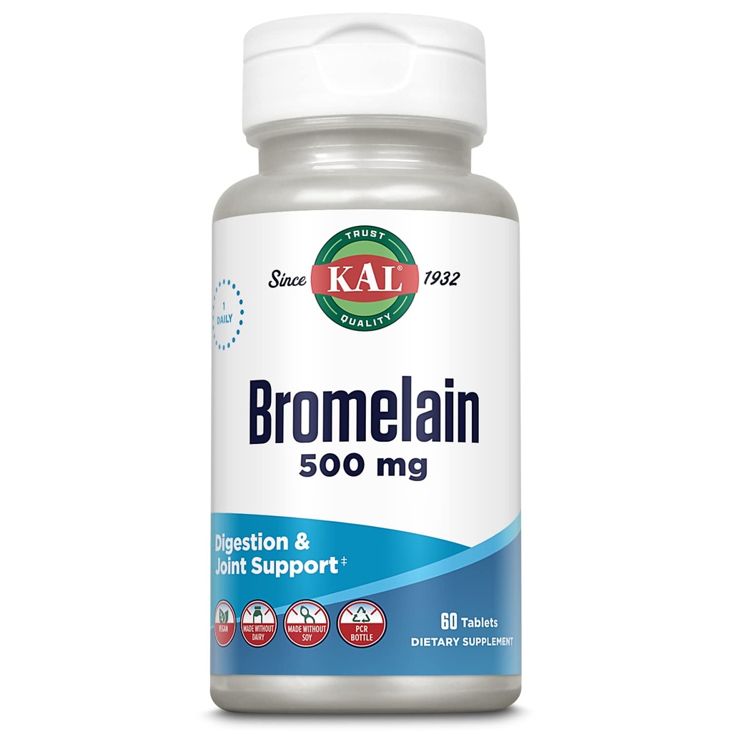 KAL Bromelain 500 mg, 文摘和联合支助补编, 文摘酶, 菠萝提取, 快速分解, Vegan, 无乳制品或大豆制造, 实验室验证, 60种服务, 60片
