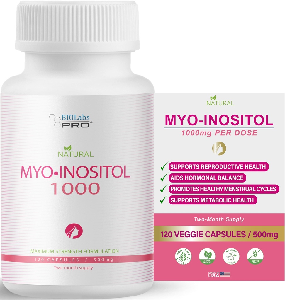 BIOLABS PRO Myo-Inositol Supplement 1000mg – 细胞健康与健康、非GMO营养营养支持、无胶质、无胶质、科舍认证、无帕拉本-(120 Caps - 2-Month Supplement)