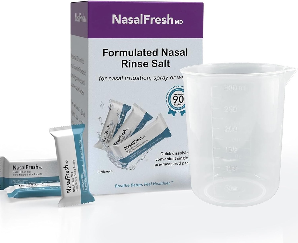 NASALFRESH MD - 沙琳包 - 快速溶解 - 单用 - 预计量 - 鼻水灌溉 - 单独包装(3.75g/1.3oz) - 90个再填包 - 300毫米杯