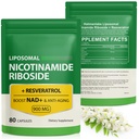 NAD 与尼科蒂纳米德·里博赛德-Resveratrol,利波索马尔·尼科蒂纳米德·里博赛德,Quercetin-High Purity NAD 补充 抗衰老,焦点,能源 160 Capsules(2袋)