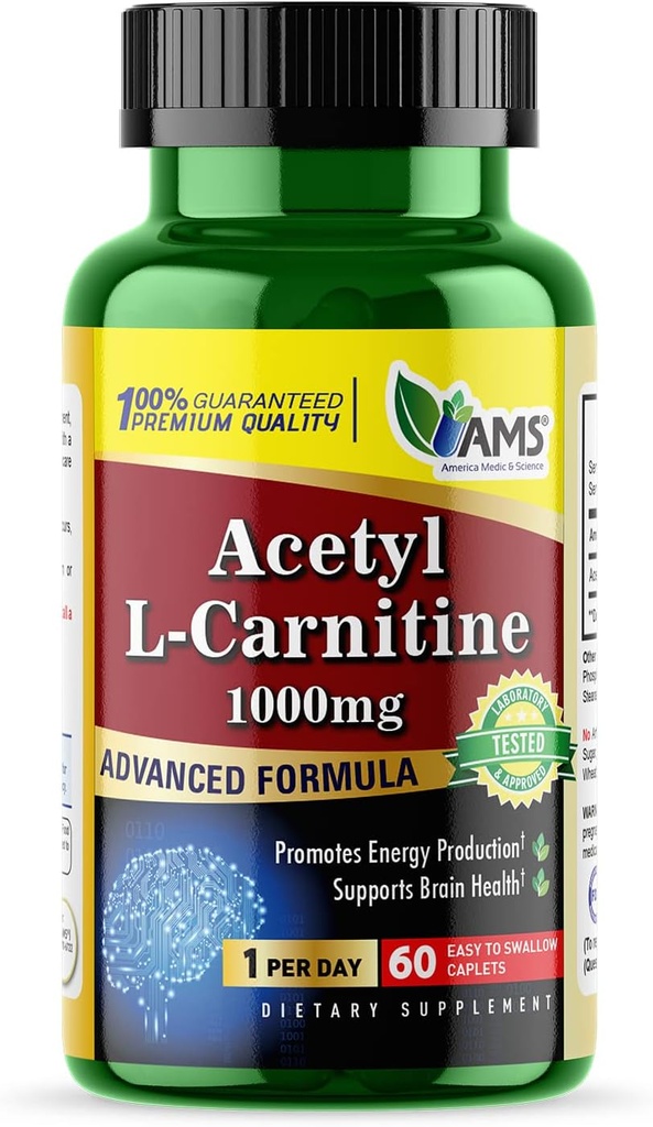 美国医学和科学乙酰L-Carnitine 1000mg(60块) – 男女饮食补充 – 推动能源生产 – 支持脑健康 – 帮助改善记忆和焦点