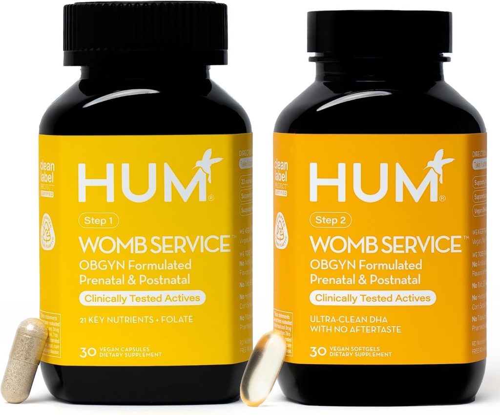 HUM Womb服务 妇女产后和产前补充,OBGYN 与Vegan DHA, Choline & Folate, 清洁的每日营养剂,妊娠前支助, 30 Vegan Capsules 和 30 Softgels 共同设计