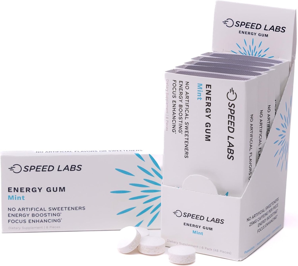 速速实验室 薄荷天然咖啡因能源 25mg 咖啡因,陶林,B 维生素 每块,48块(6包8) 无糖,零卡路里,自然甜化,Gluten Free
