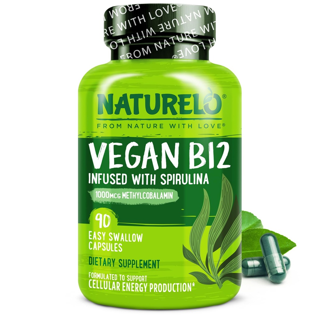 NATURELO Vegan B12 - 含有有机螺旋藻的甲基B12 - 高钾维生素B12 1000 mcg 甲基Cobalamin - 支持健康膜,能源,心脏和眼部健康 - 90 Capsules