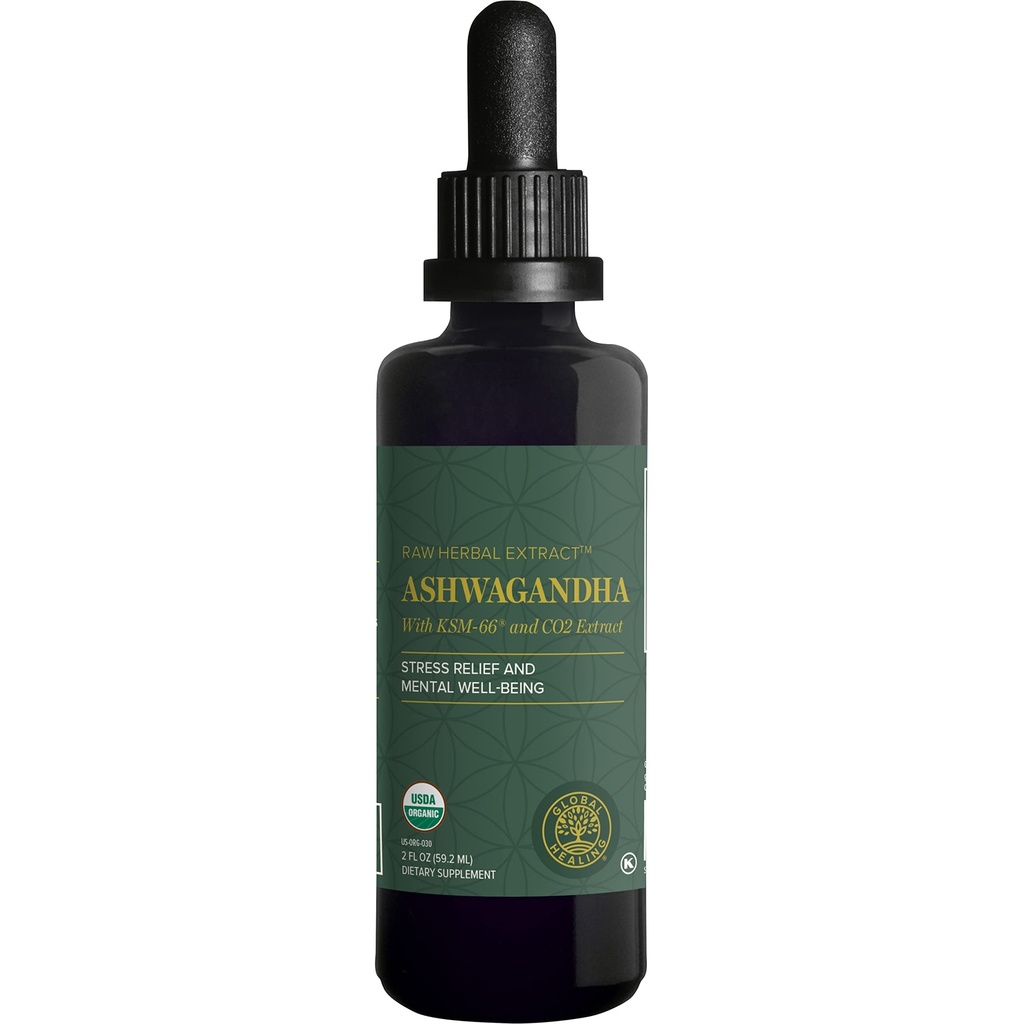 全球疗养中心 - 有机Ashwagandha 补充剂(滴水) - KSM-66 Ashwagandha Extra Power for Men and Women, 帮助促进缓解压力, Mood支持, 有机(2 Fl Oz)