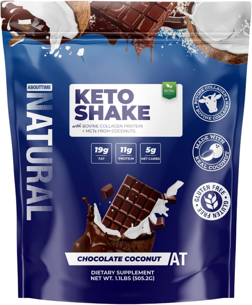 关于时间 Keto 摇晃巧克力椰子 与Bovine Collagen蛋白 + MCT 来自椰子 + 11g 蛋白, 19g Fat, 5g Net Carbs → Gluten - Free, 非 GMO, 12 services