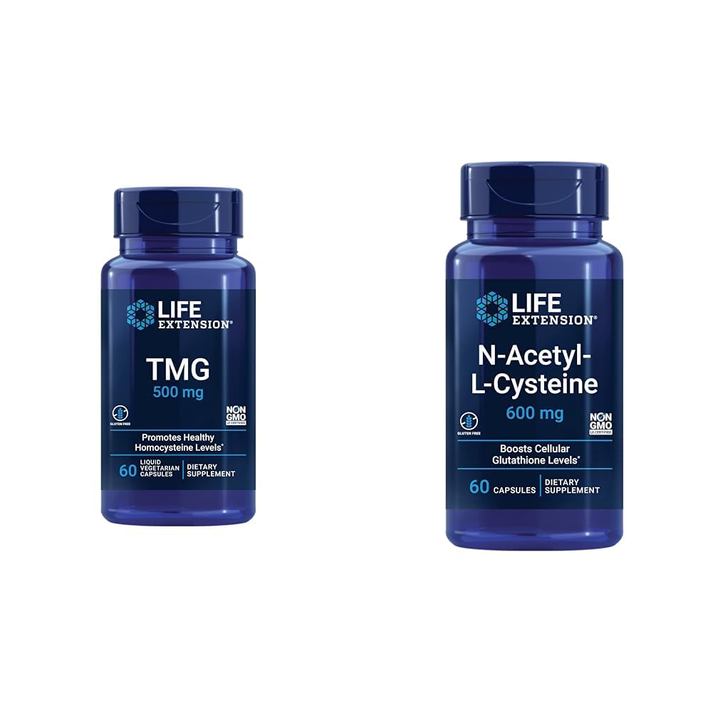 寿命延长 TMG 500 mg – 三甲基甘氨酸补充剂 – 鼓励健康同位素水平 & N-乙酰基-L-Cysteine(NAC),免疫,呼吸,活体健康,NAC 600 mg