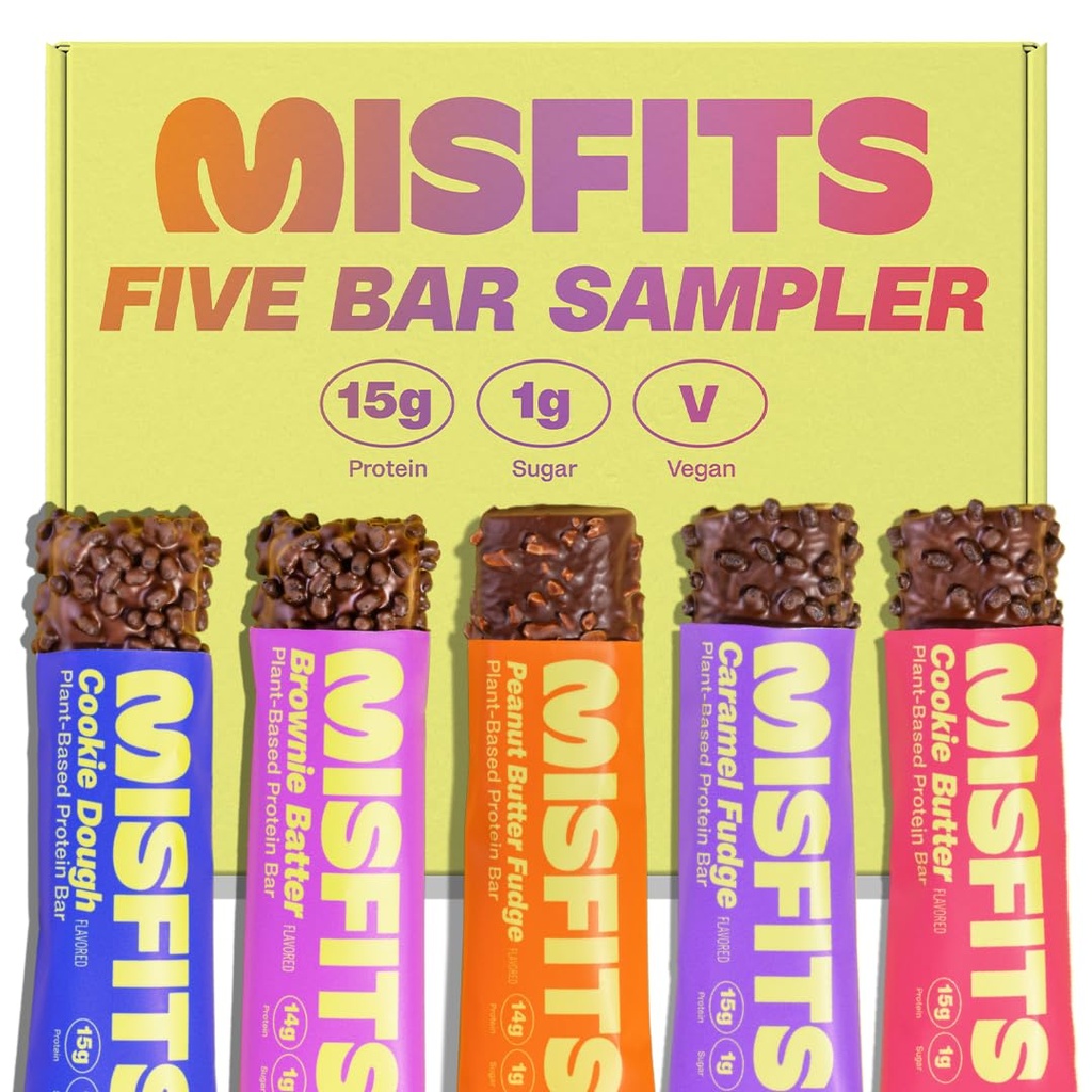 Misfit Vegan蛋白棒 - 更新的 Recipe QQ Plant 基于,低糖和碳, 高纤维 S Snacks QQ Variety sample Pack to trial the Flavors QQ Pack of 5 (每个Flavor 1)