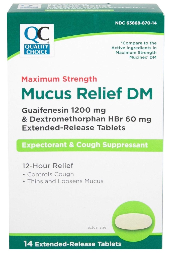 质量选择 最大强度 Mucus Relief DM, Cough Presidents and Expectorant, 12 hour Relief, Guaifenesin 1200 mg 和 Dexteromethophan HBr 60 mg 扩展释放片, 14 计数