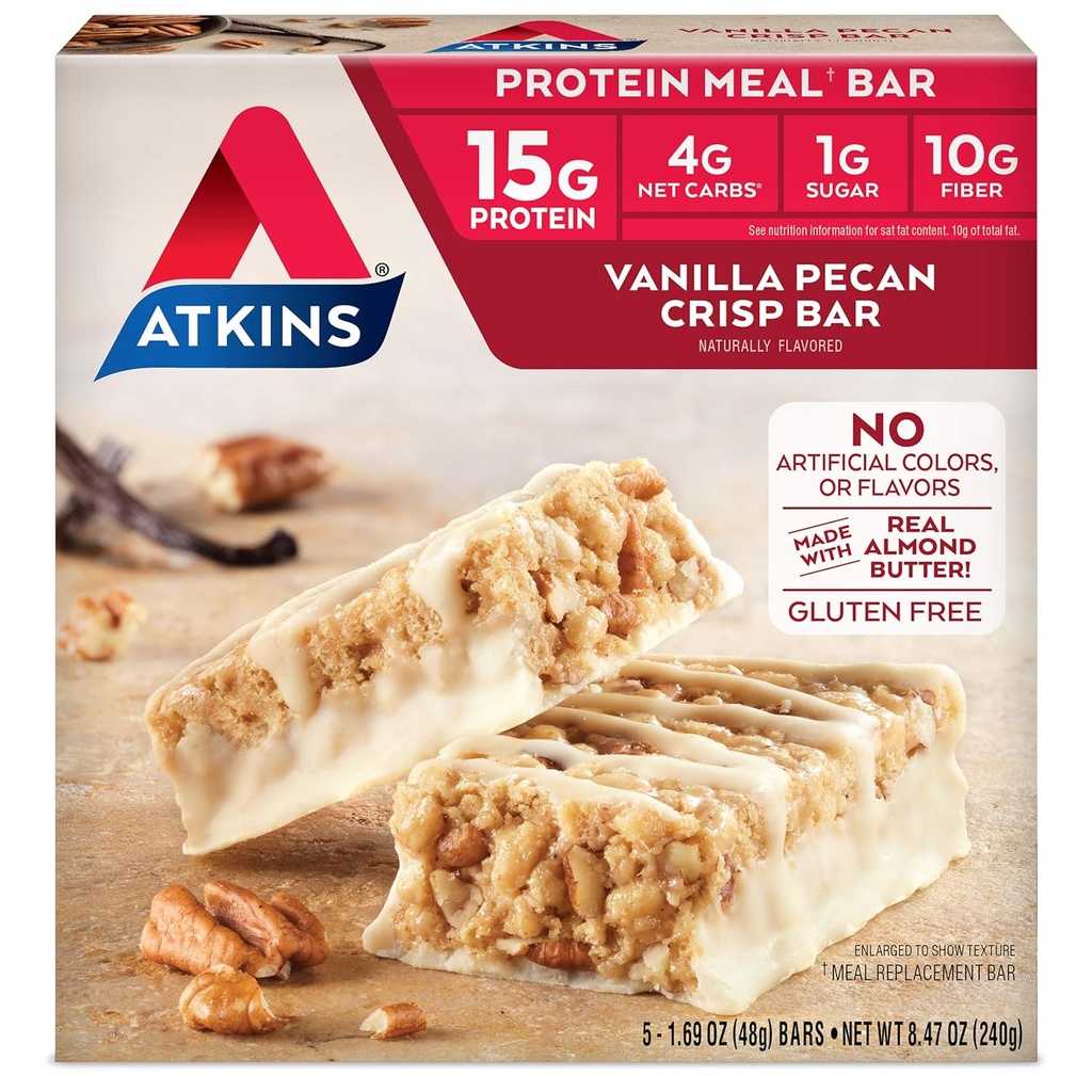 Atkins Vanilla Pecan 蛋白质大餐酒吧,高纤维,1g糖,4g Net Carb Meal 替换,Keto友好,5 Counter