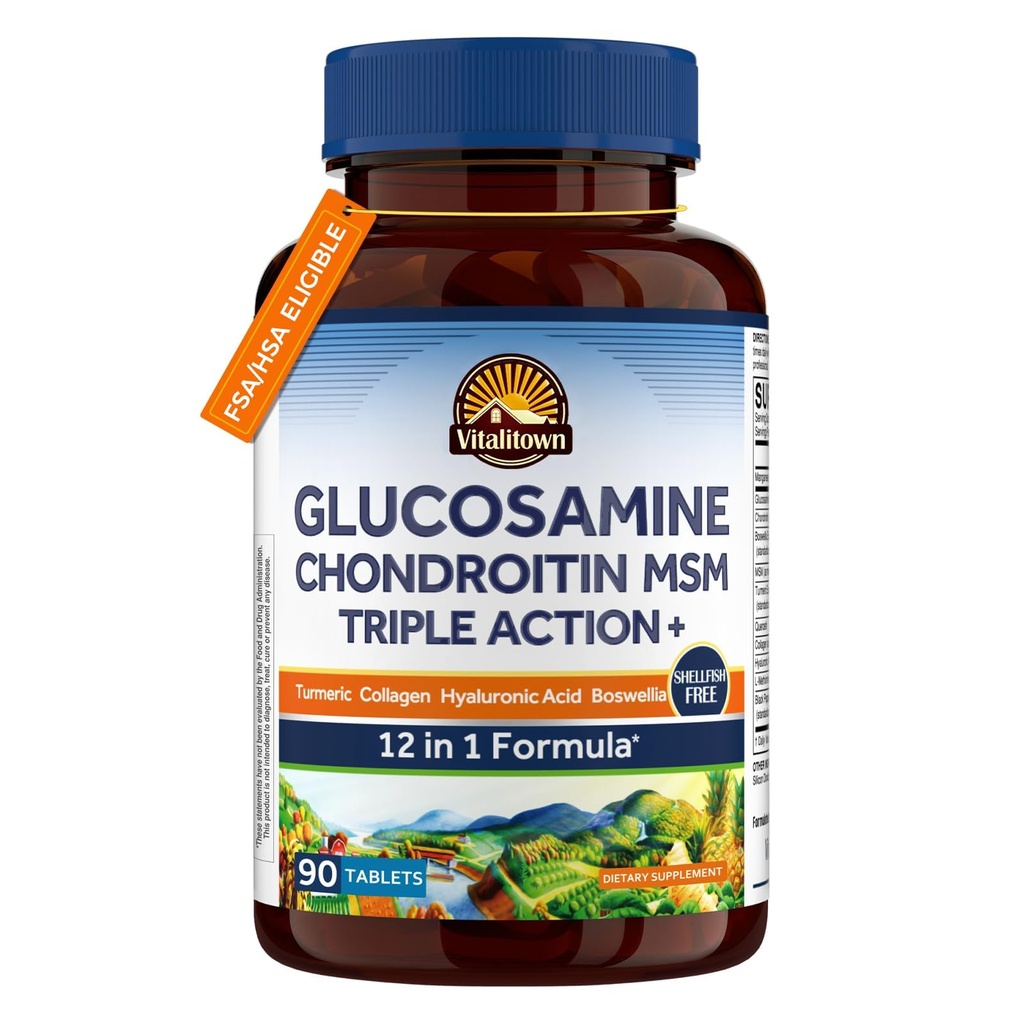 Vitalitown Glucosamine Chondroitin MSM → Collagen, Boswellia, Turmeric, Hyaluronic Acid, Bromelain + Triple Action+ 公式 → 12 成份 → 90 片,无壳鱼