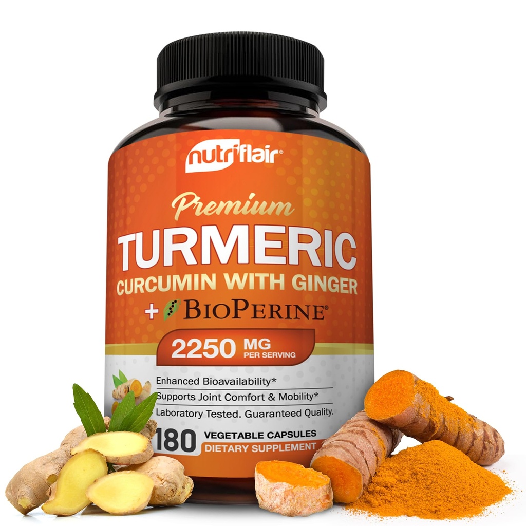 配有姜汁和生物牡蛎黑辣椒的营养素Flair Turmeric Curcumin,180 Capsules - 95% Curcuminoids - 联合支持,抗氧化剂,抗老化 - 天然,非GMO,Vegan 最佳可能性
