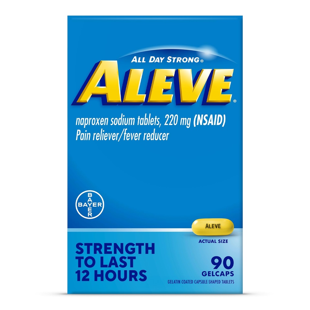 Aleve Pain Reliever & Fever Reductioner Gelcaps, Naproxen Sodium, 头痛和背部及身体疼痛救济药物,为12岁及以上成人和儿童提供,90岁