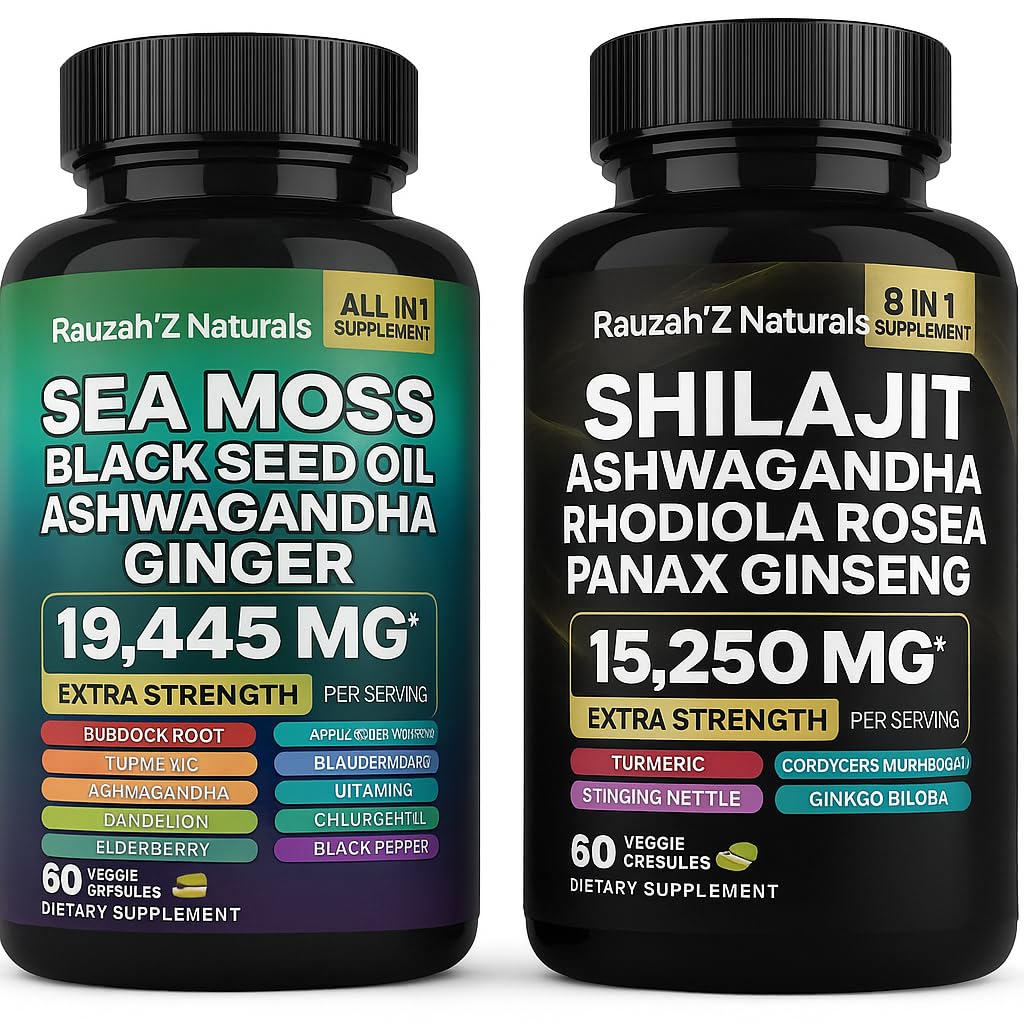 Sea Moss和Shilajit Bundle - Sea Moss、黑种子石油、Ashwagandha、Ginger & Shilajit、Rhodiola Rosea、Panax Ginseng