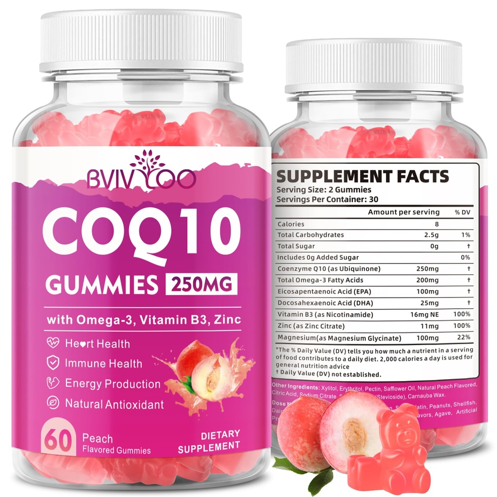 无糖CoQ10 Gummys 250mg, Plus Omega-3, 维生素B3 & Zinc, 镁 - 高吸附性Coenzyme Q10 心脏健康,细胞能,和抗氧化剂支持的补编, 60 Counter