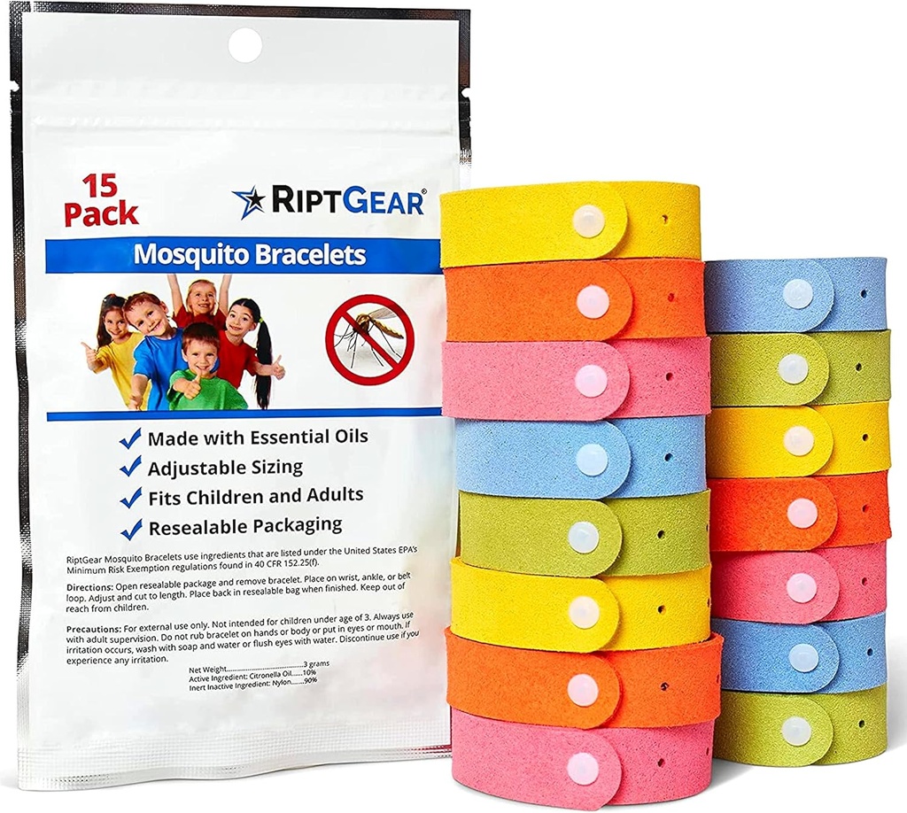 RiptGear Mosquito Bracelets - 15包Mosquito Bracelets供儿童和成年人使用,昆虫Bracelet,Citronella Wristband - DEET 免费Mosquito Bristbands,露营附属设施